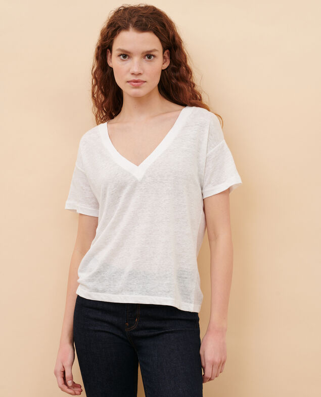 SARAH - Linen V-neck t-shirt Optical white Locmelar