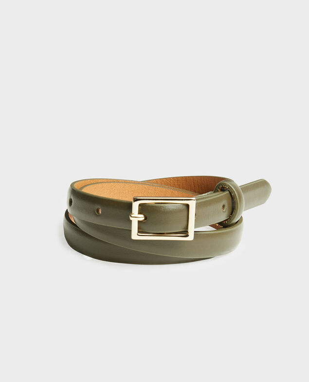  Skinny leather belt with rectangular buckle Military green Meillard
