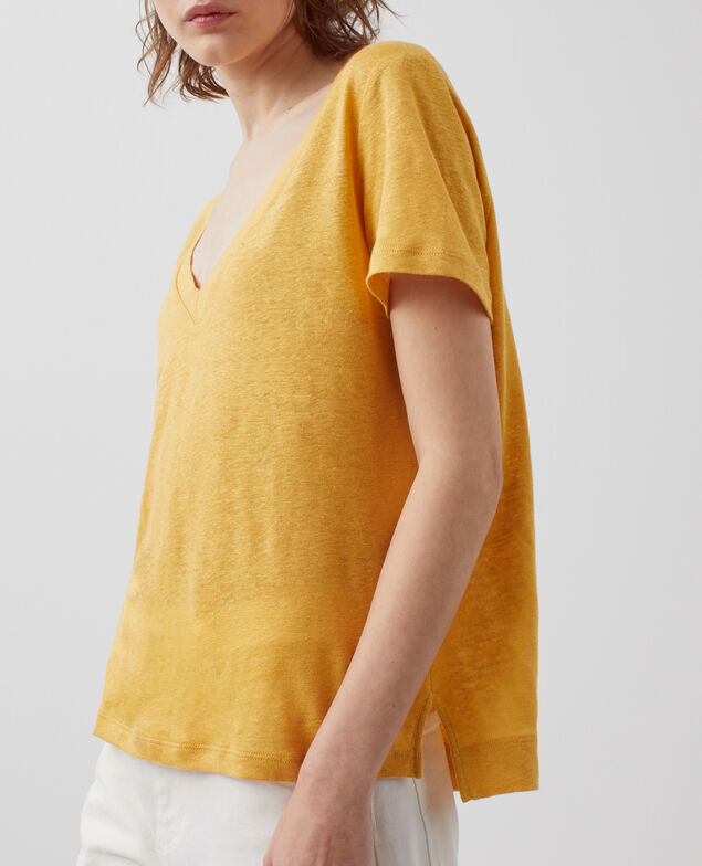 SARAH - Linen V-neck t-shirt 0460 ochre yellow