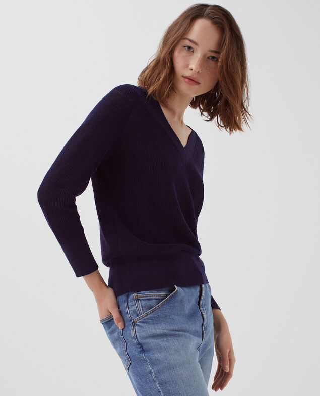 Linen V-neck jumper H694 baritone blue
