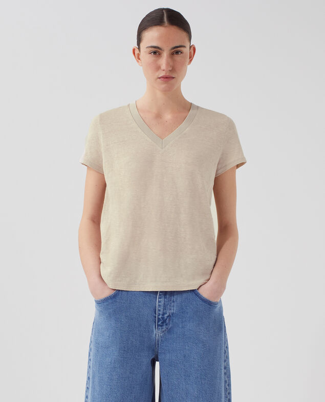SARAH - Linen V-neck t-shirt J020 beige lining