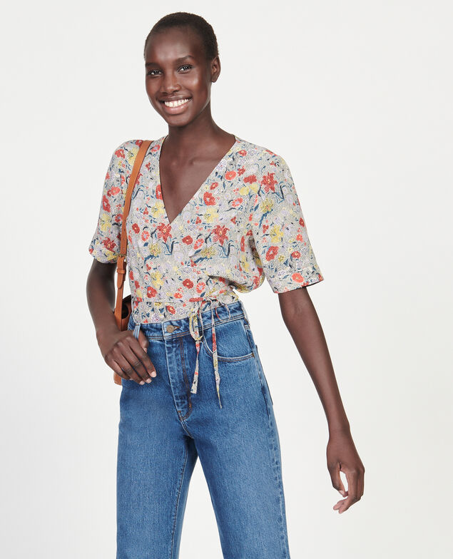  Floral silk wrap blouse Print eden cream