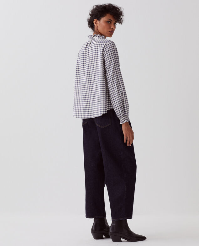 Ruffle neck blouse I072 check creme gray