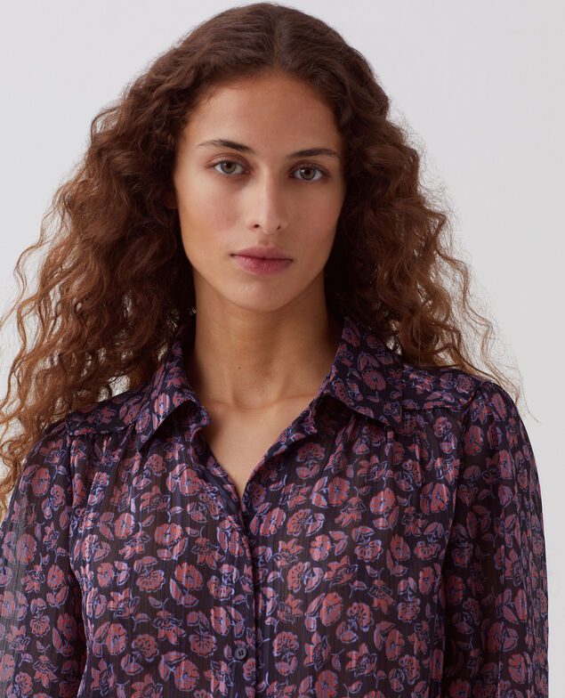 Long-sleeve silky shirt I691 indienne navy