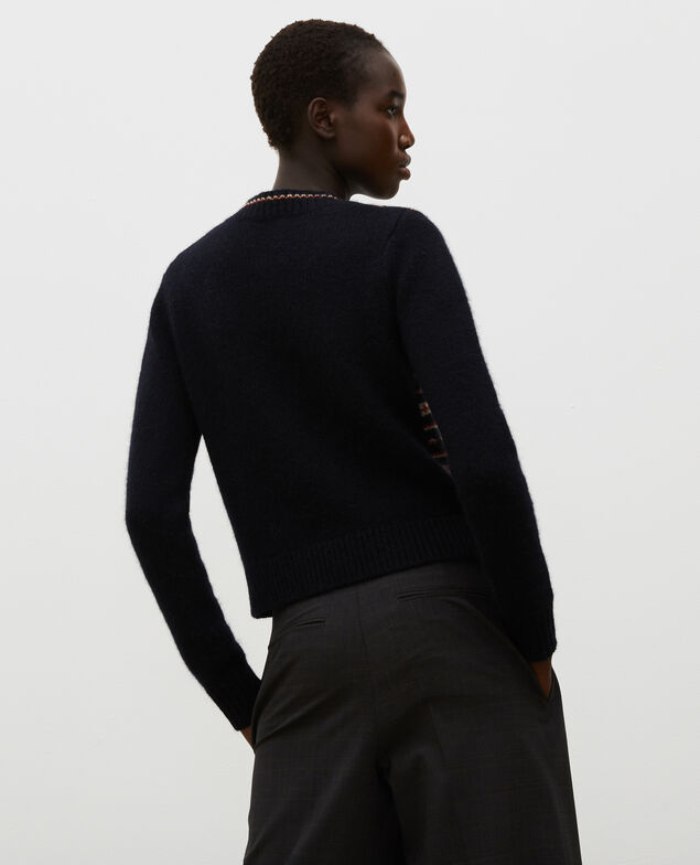 Round neck alpaca wool jacquard jumper Black brandy lighttaupe jacquard