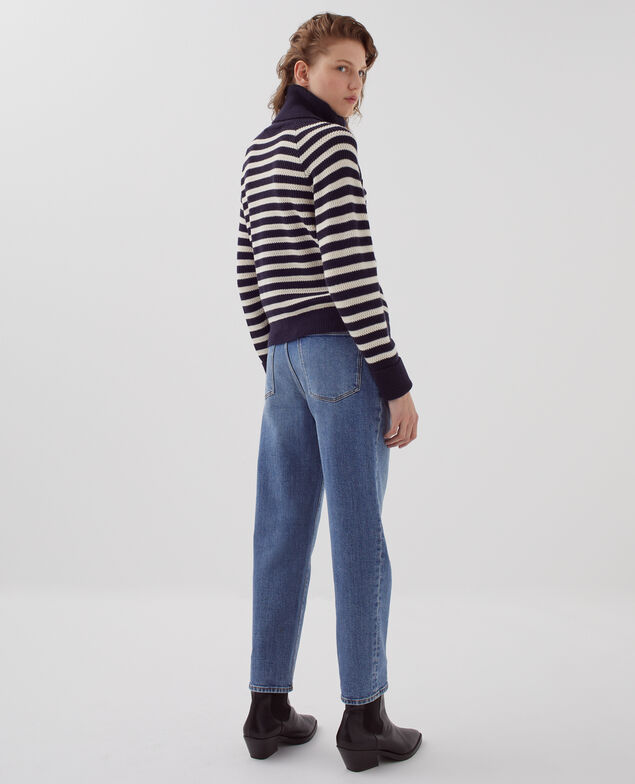 Merino wool striped jumper with button-up neck I696 st ecru navy