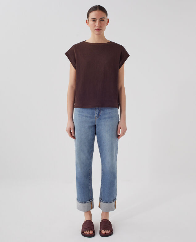 KARO - Boxy linen t-shirt J790 chocolate plum
