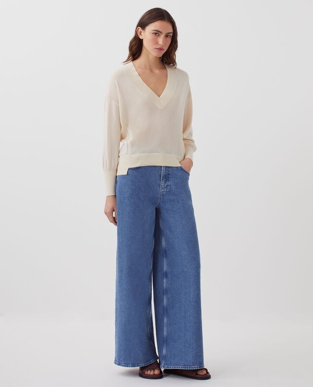 Wool and silk V-neck jumper I300 pearled ivory