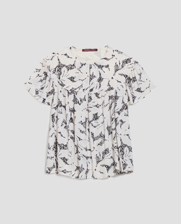 Short-sleeve silky blouse J301 flower camo ecru