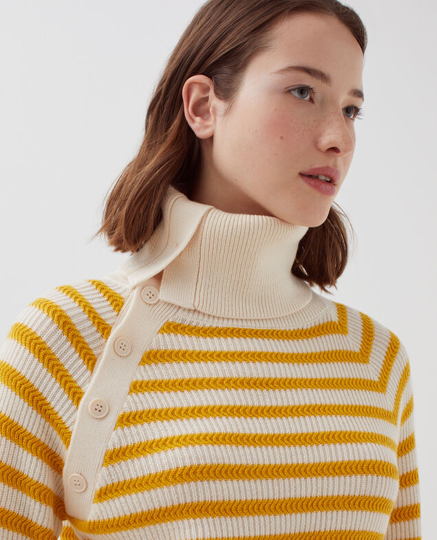 Merino wool striped jumper with button-up neck I471 st ecru yellow