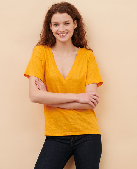 SARAH - Linen V-neck t-shirt 23 orange Locmelar
