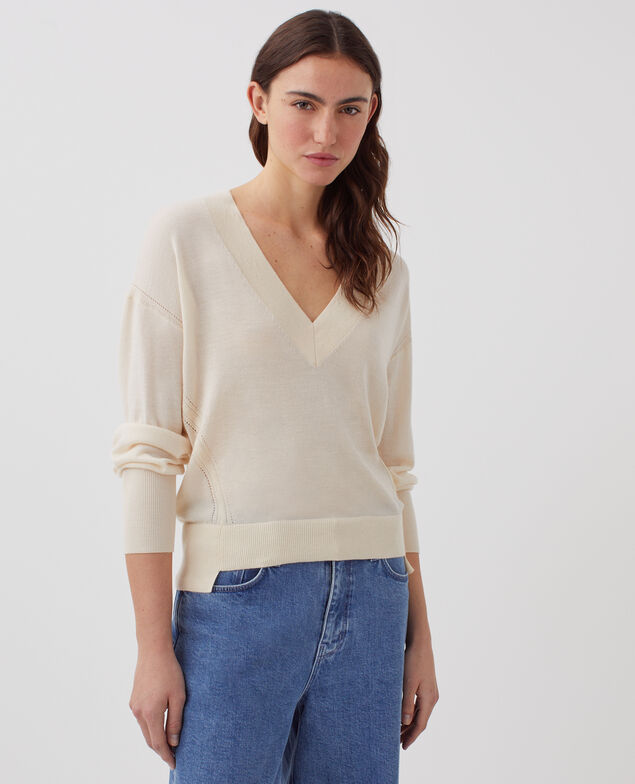 Wool and silk V-neck jumper I300 pearled ivory