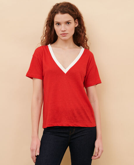 SARAH - Linen V-neck t-shirt 5039c str fieryred gardenia Locmelar