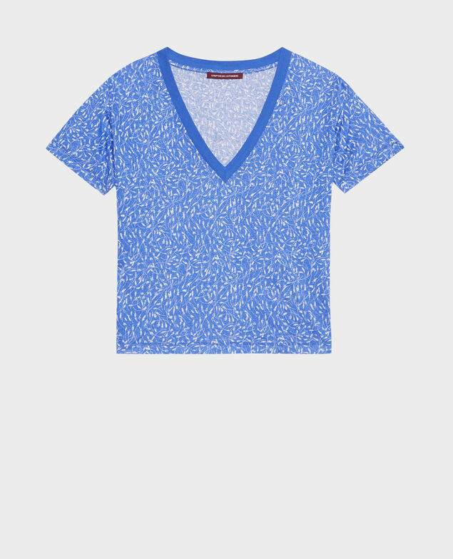 SARAH - Linen V-neck t-shirt 91 print blue