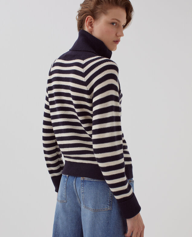 Merino wool striped jumper with button-up neck I696 st ecru navy