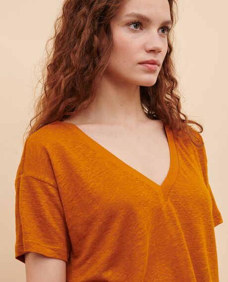 SARAH - Linen V-neck t-shirt Pumpkin spice Locmelar
