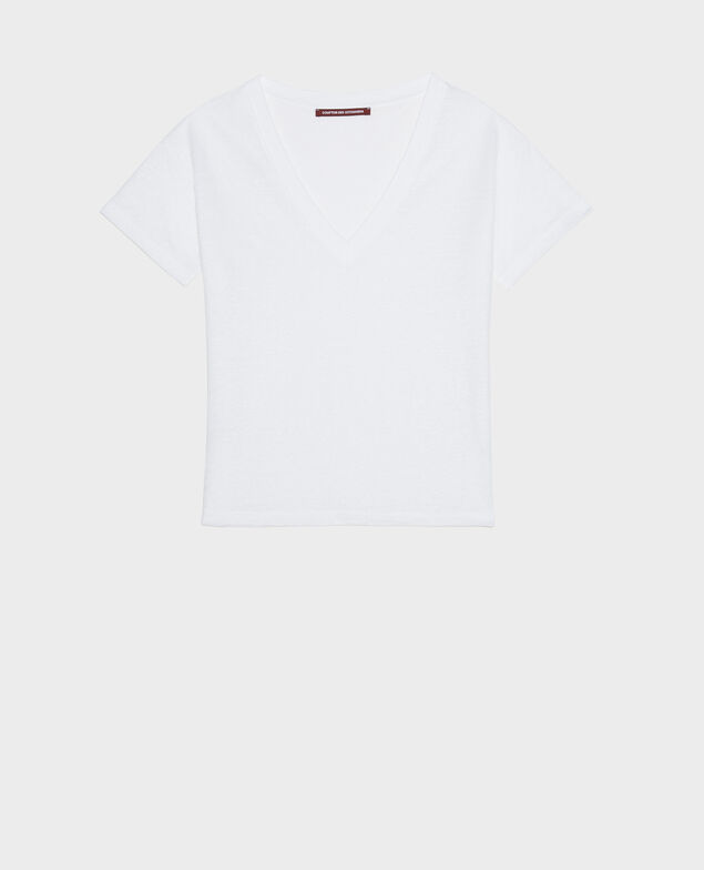 SARAH - Linen V-neck t-shirt Optical white Locmelar