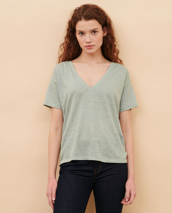 SARAH - Linen V-neck t-shirt 54 GREEN