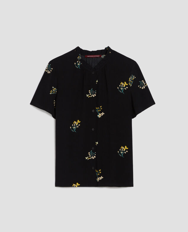 Long-sleeve silky shirt J091 fl bouquet black