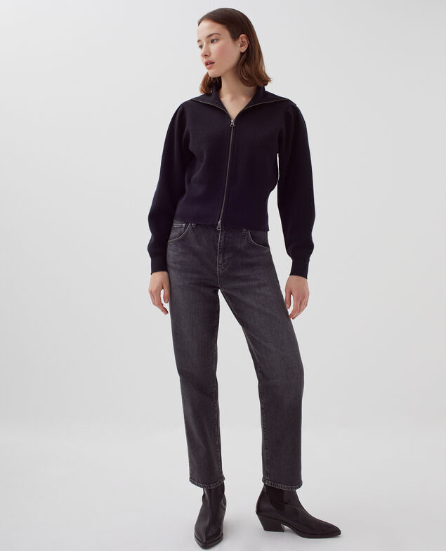 Zip-up merino wool cardigan H091 black beauty