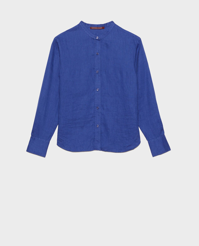 Collarless linen shirt Royal blue