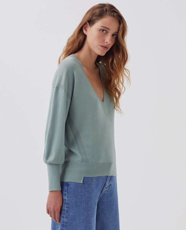 Wool and silk V-neck jumper J620 slate blue
