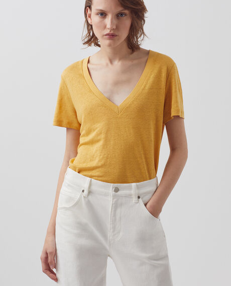 SARAH - Linen V-neck t-shirt 0460 ochre yellow 3ste082f05