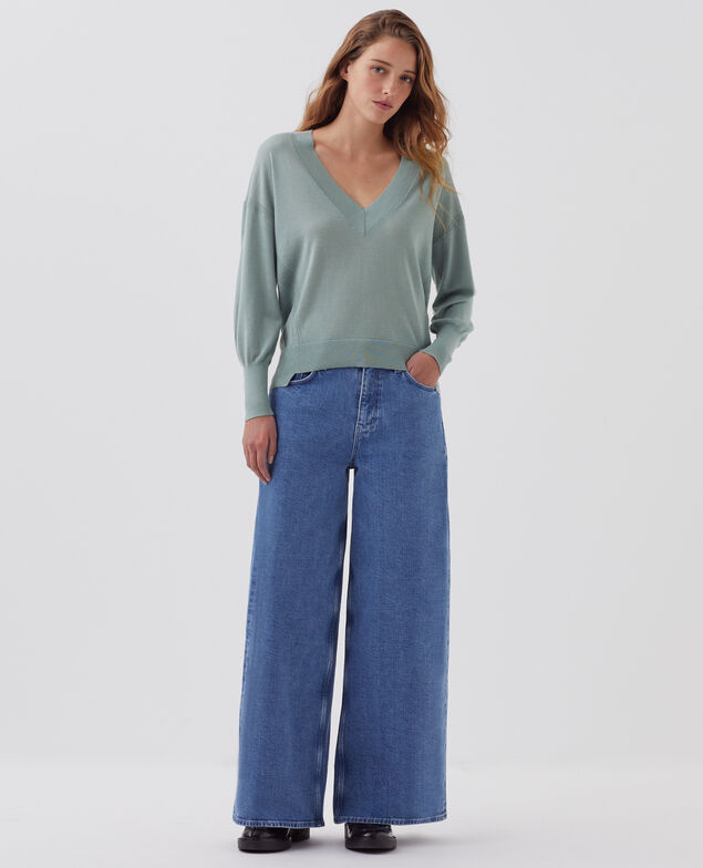 Wool and silk V-neck jumper J620 slate blue