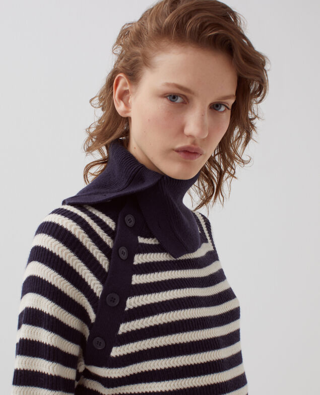Merino wool striped jumper with button-up neck I696 st ecru navy