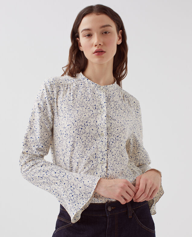 Long-sleeve silky blouse H620 daisy  blue
