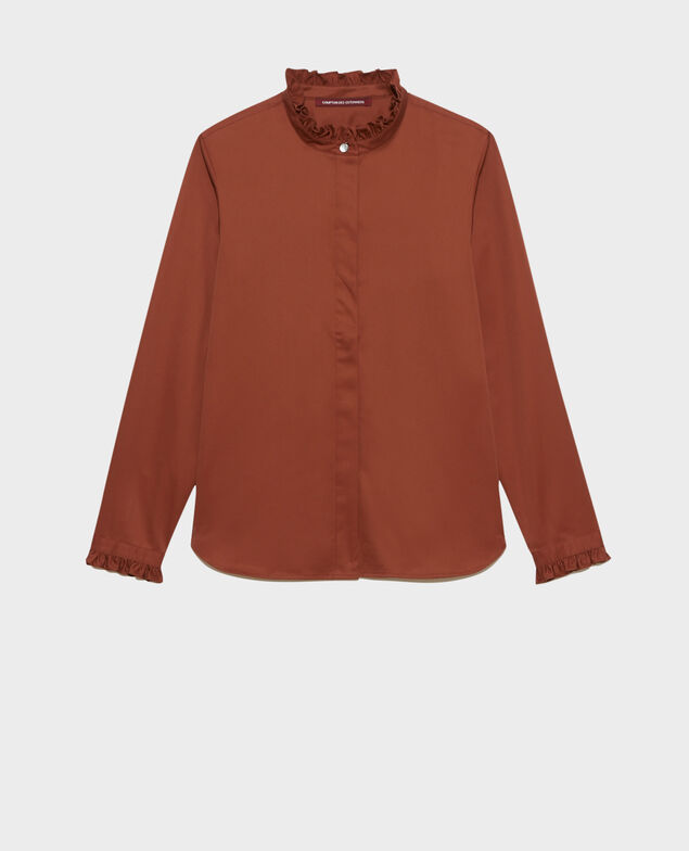 Ruffled high collar cotton shirt Tortoise shell