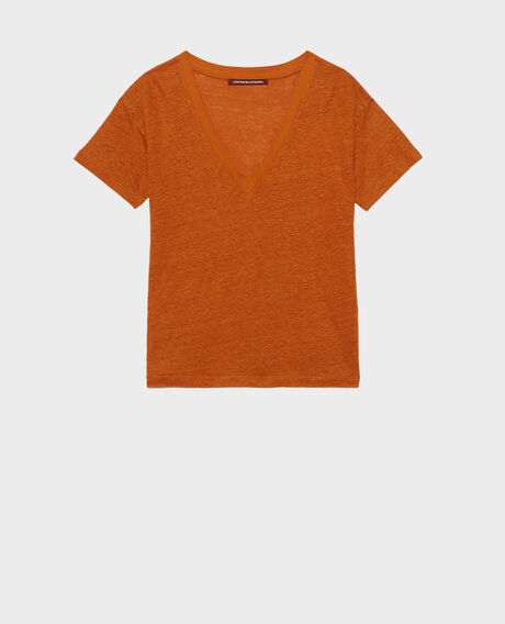 SARAH - Linen V-neck t-shirt Pumpkin spice Locmelar