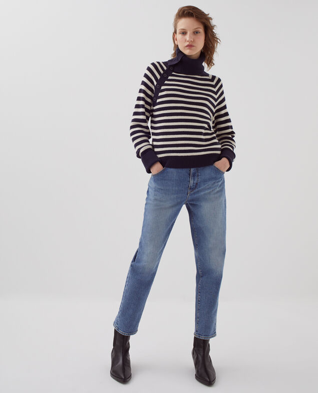 Merino wool striped jumper with button-up neck I696 st ecru navy