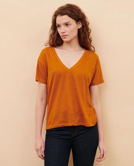 SARAH - Linen V-neck t-shirt Pumpkin spice Locmelar