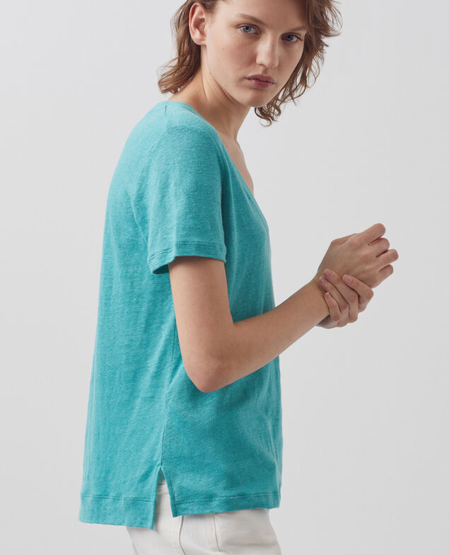 SARAH - Linen V-neck t-shirt 0611 pagoda blue blue 3ste082f05