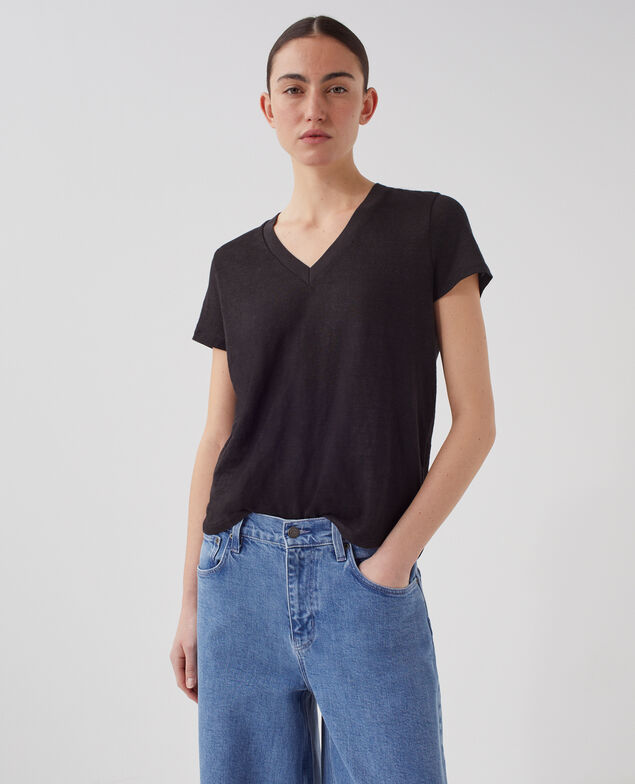 SARAH - Linen V-neck t-shirt H091 black beauty
