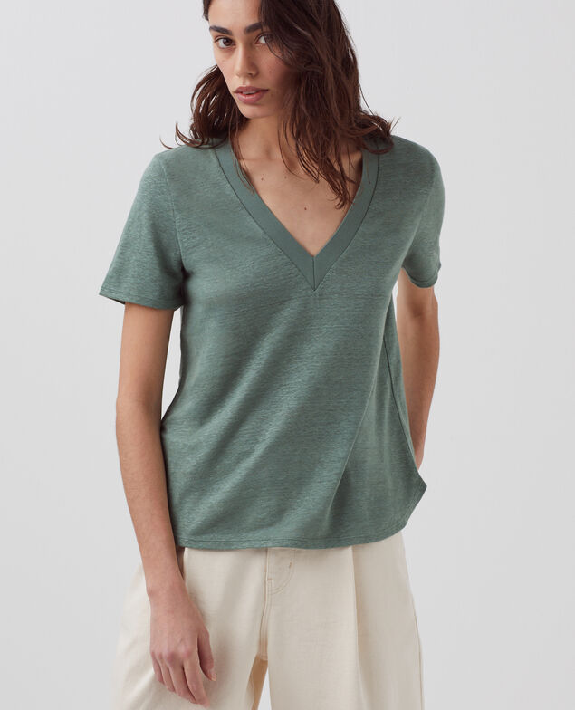 SARAH - Linen V-neck t-shirt H542 darkforest