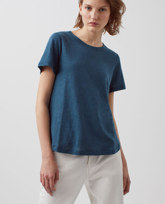 AMANDINE - linen round neck t-shirt A662 solid blue duck