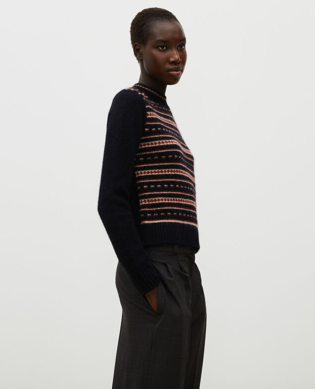 Round neck alpaca wool jacquard jumper Black brandy lighttaupe jacquard