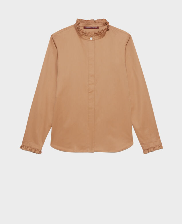 Ruffled high collar cotton shirt Latte