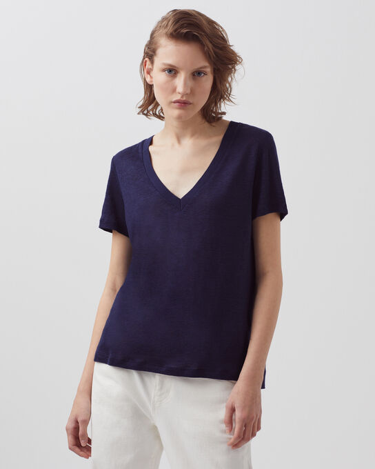 SARAH - Linen V-neck t-shirt 4232 MARITIME BLUE