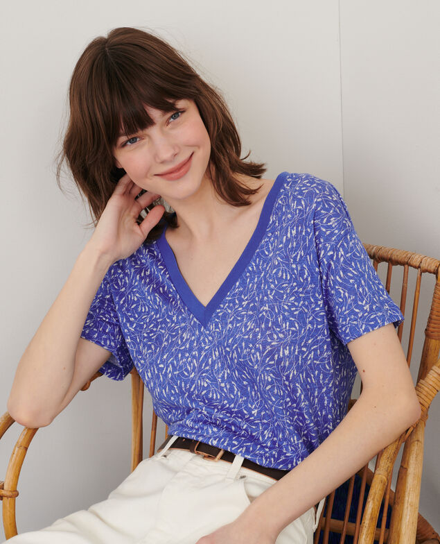 SARAH - Linen V-neck t-shirt 91 print blue