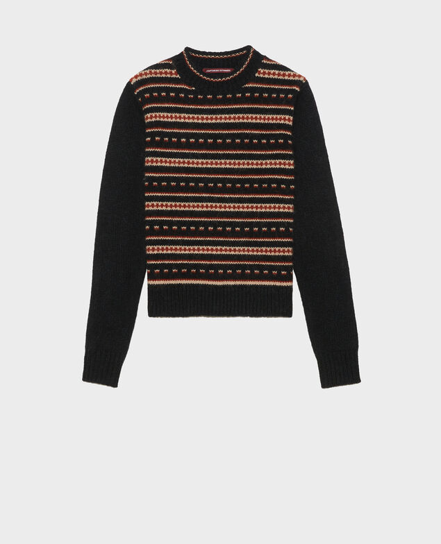 Round neck alpaca wool jacquard jumper Black brandy lighttaupe jacquard