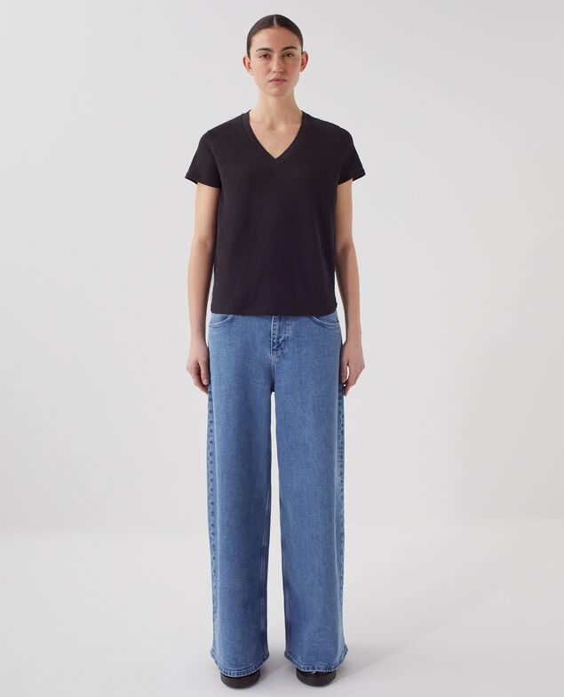 SARAH - Linen V-neck t-shirt H091 black beauty
