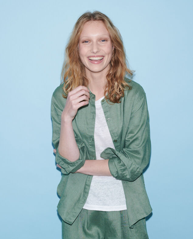 Collarless linen shirt 52 green