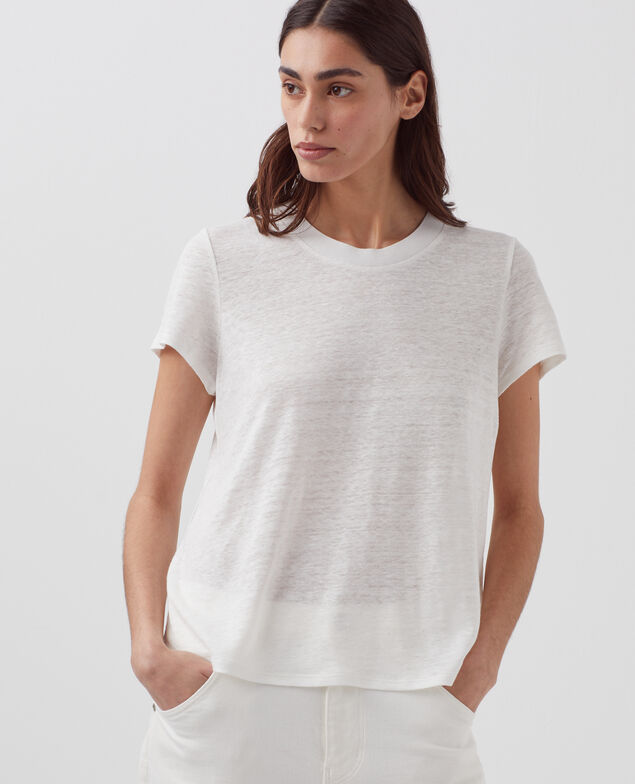AMANDINE -  Linen round neck t-shirt H001 brillant white