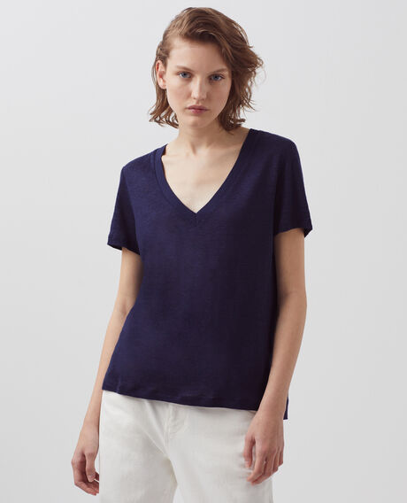 SARAH - Linen V-neck t-shirt 4232 maritime blue 3ste082f05