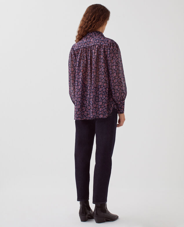 Long-sleeve silky shirt I691 indienne navy