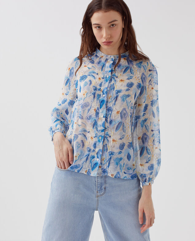 Long-sleeve silky blouse H600 window blue
