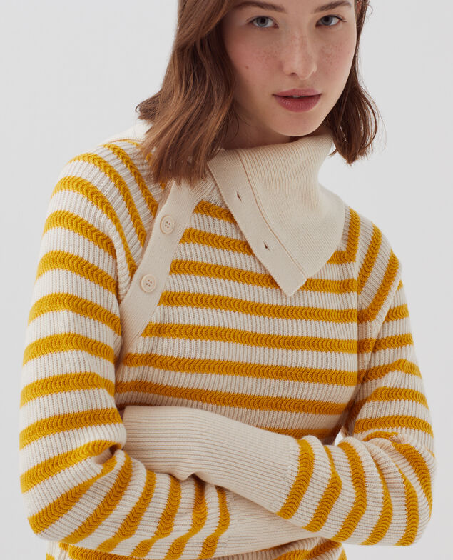 Merino wool striped jumper with button-up neck I471 st ecru yellow
